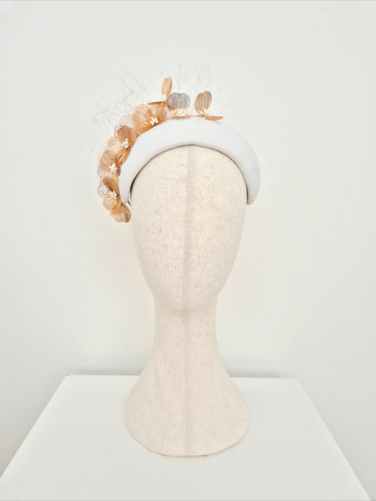 Miss Kinsley. Womens white leather bandeau headpiece with gold flowers