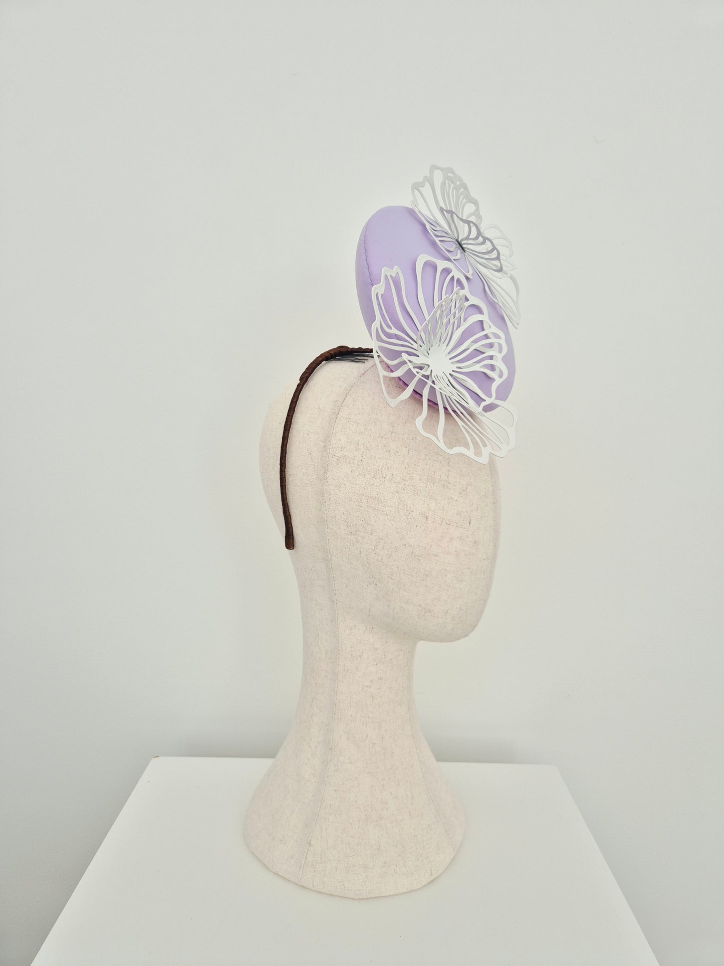 Miss Peyton . Womens Lilac button percher headpiece with white flowers