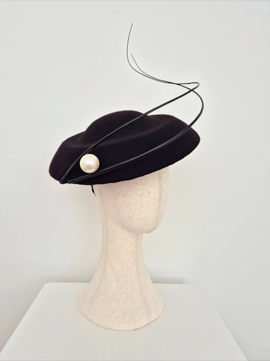Miss Sasha. Womens black wool felt hat with quills and pearl