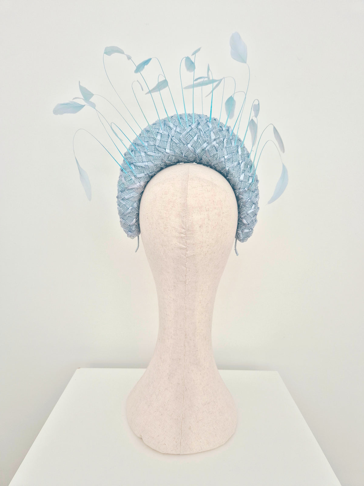 Miss Gianna. Light blue vintage straw halo headpiece with feathers