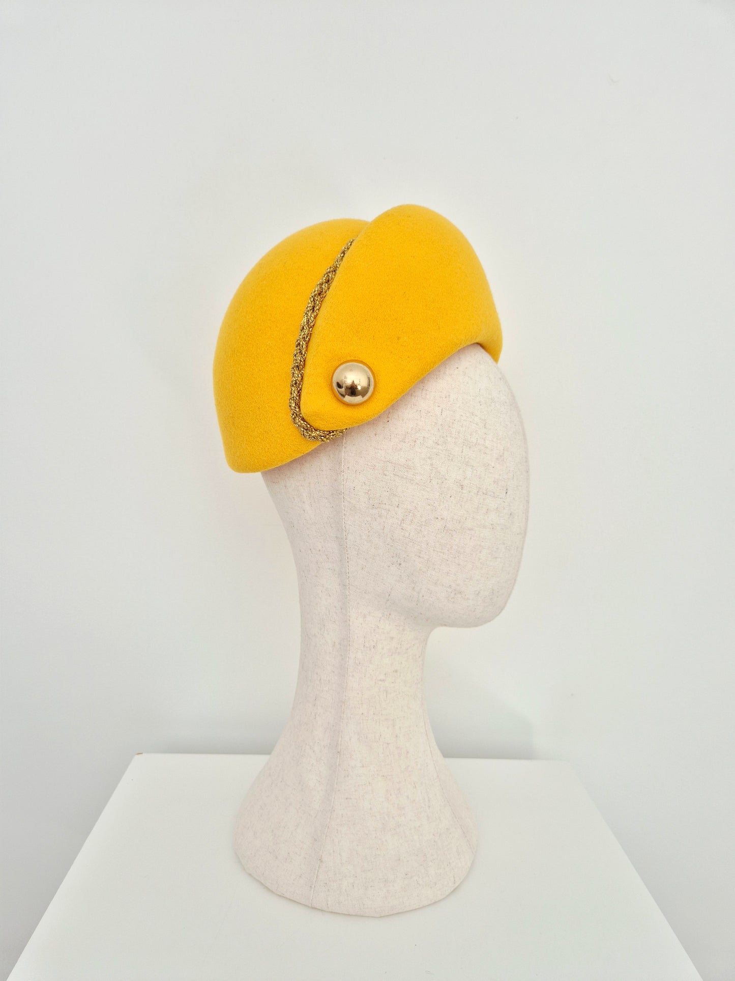 Miss Harlow. Womens vintage style beret in egg yolk yellow with gold detail