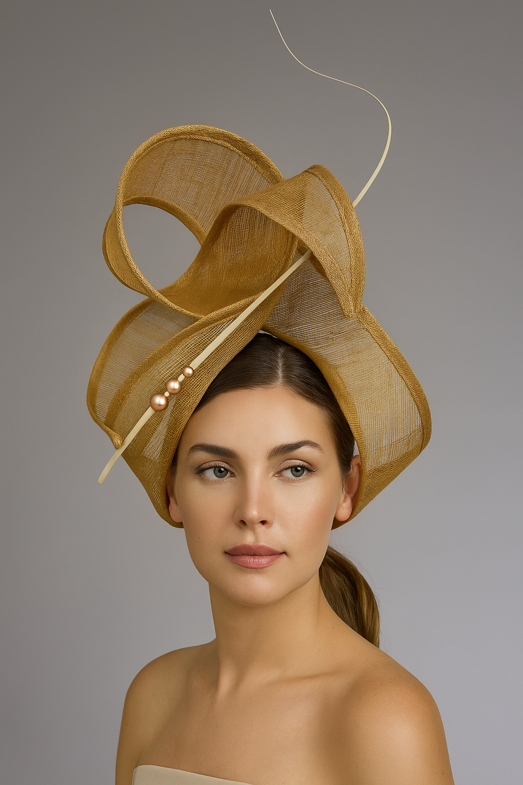 Miss Haze. Womens sinamay twisted turban style headpiece in Sand