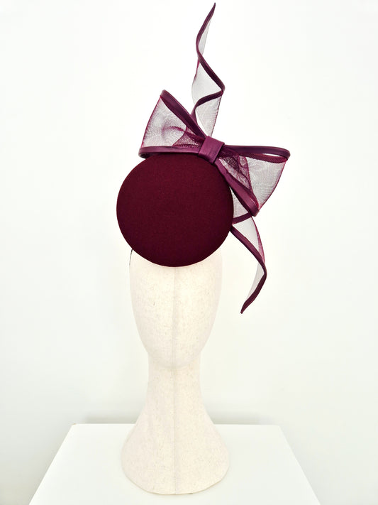 Miss Gwyneth. Womens maroon button percher headpiece with crinoline bow swirl