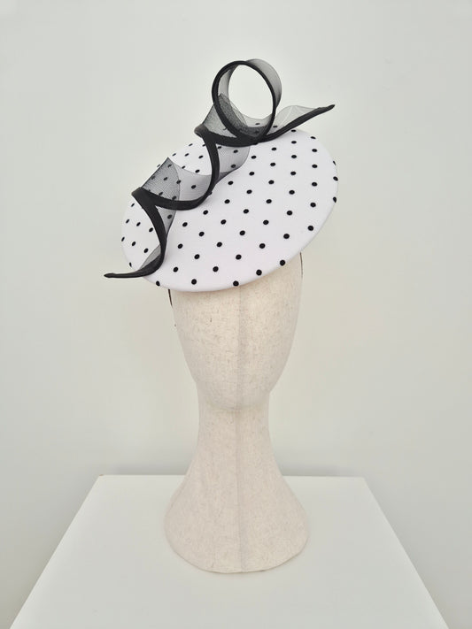 Miss Belle . Womens polka dot floating disk petcher headpiece with swirl