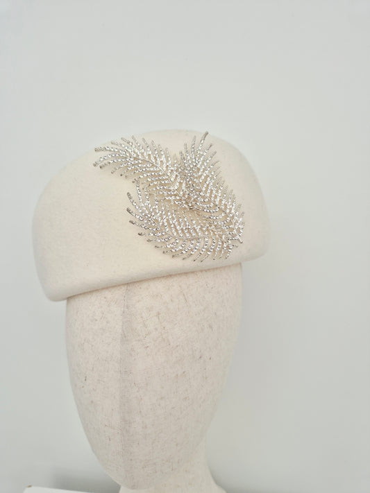 Miss Fern. Womens ivory wool felt beret style headpiece with silver rhinestone fern