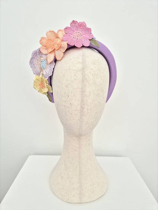 Miss Whimsical headband.  Womens 3D pastel mutli floral lace headband