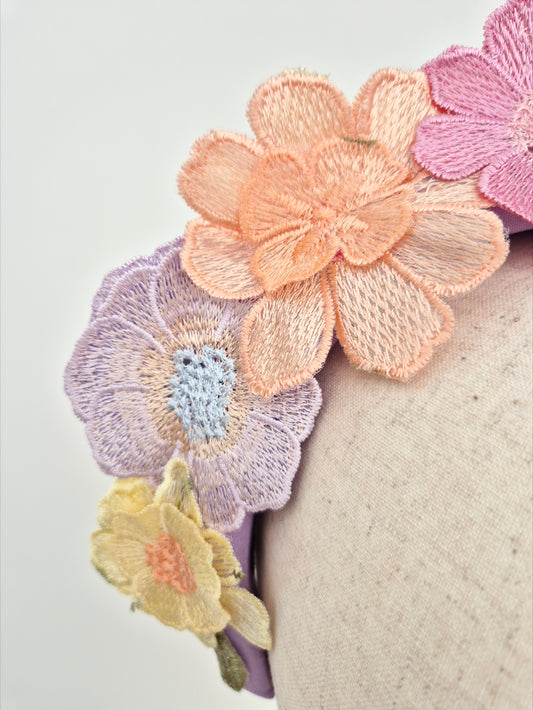 Miss Whimsical headband.  Womens 3D pastel mutli floral lace headband