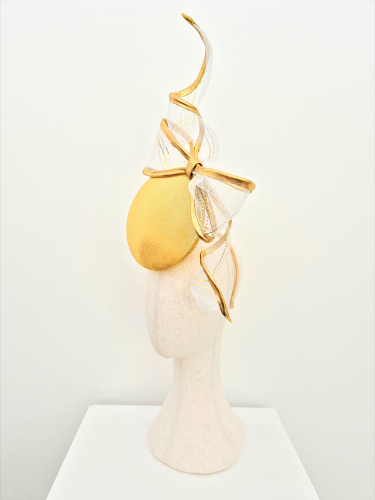 Miss Gwyneth. Womens Gold button percher headpiece with crinoline bow swirl