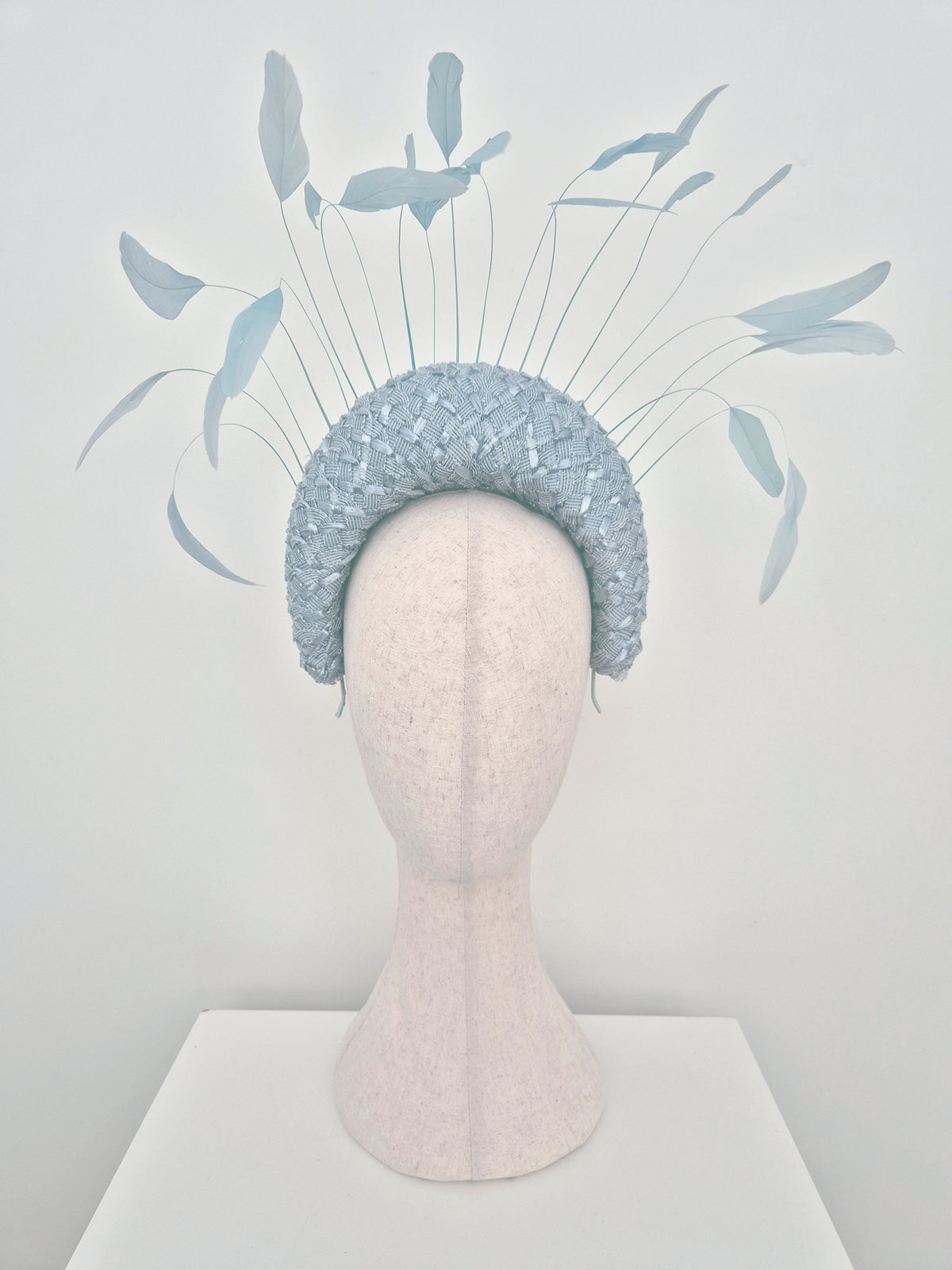 Miss Gianna. Light blue vintage straw halo headpiece with feathers