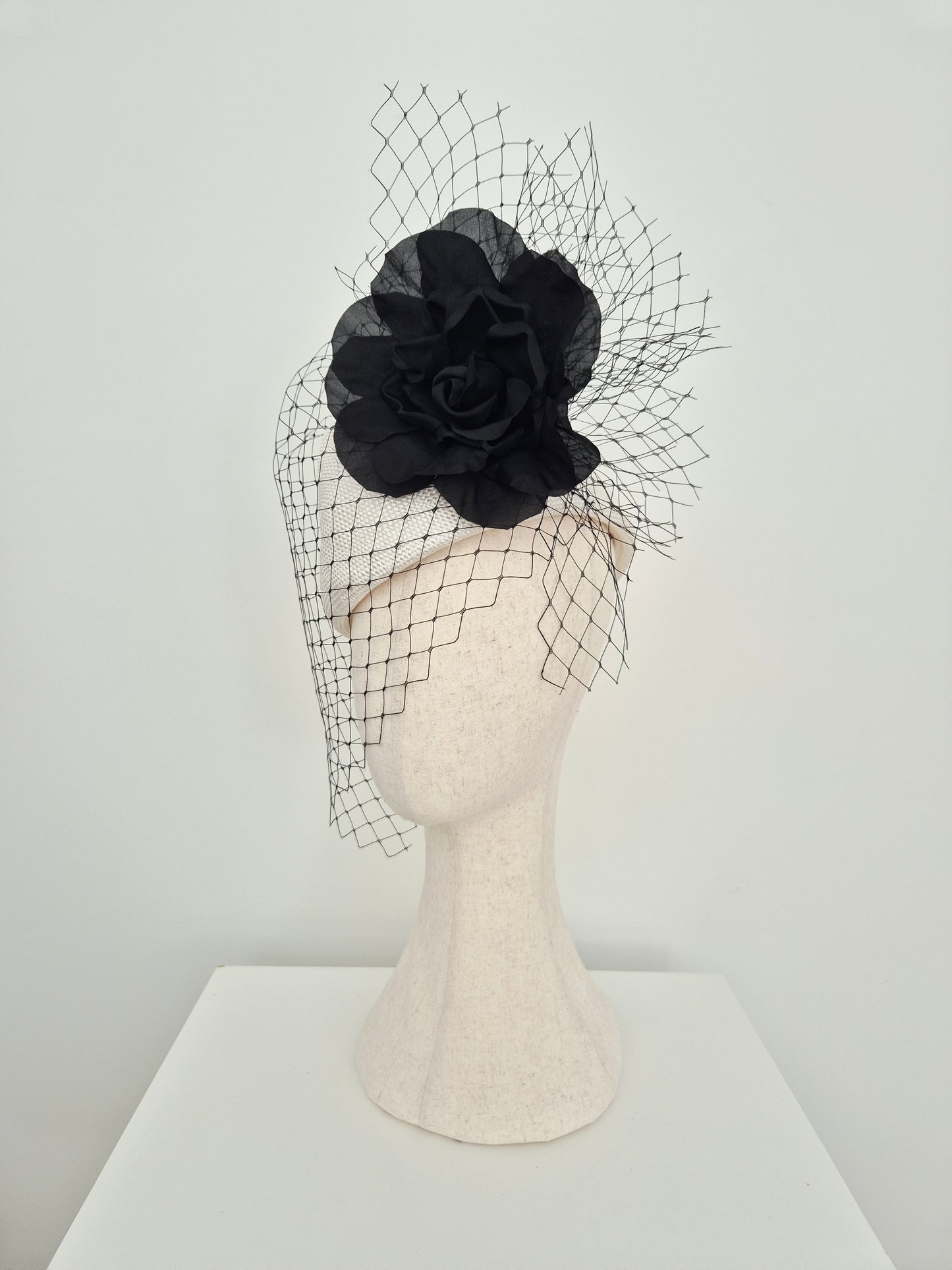 Miss Cleo. Womens white straw topper headpiece with silk rose and veiling
