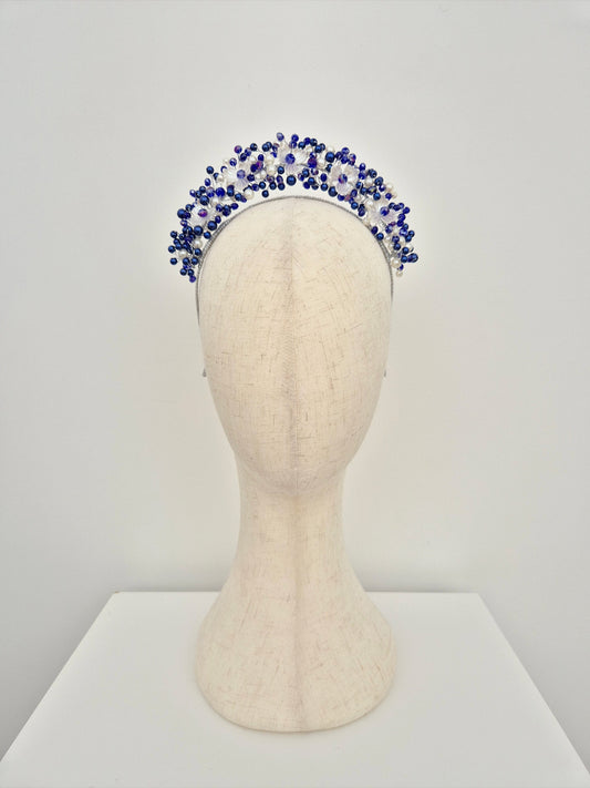 royal blue and white pearl headpiece