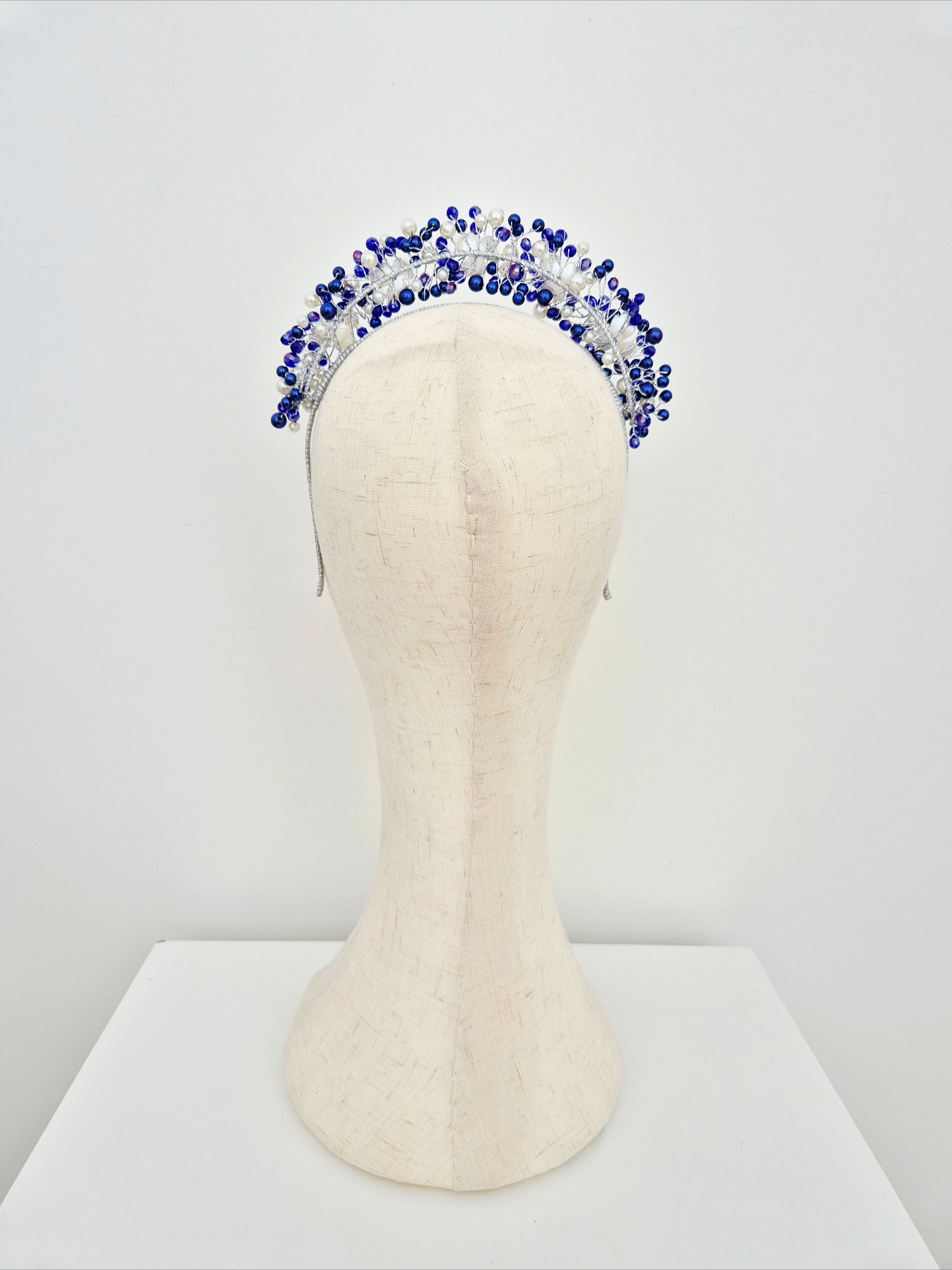 royal blue and white pearl headband back view