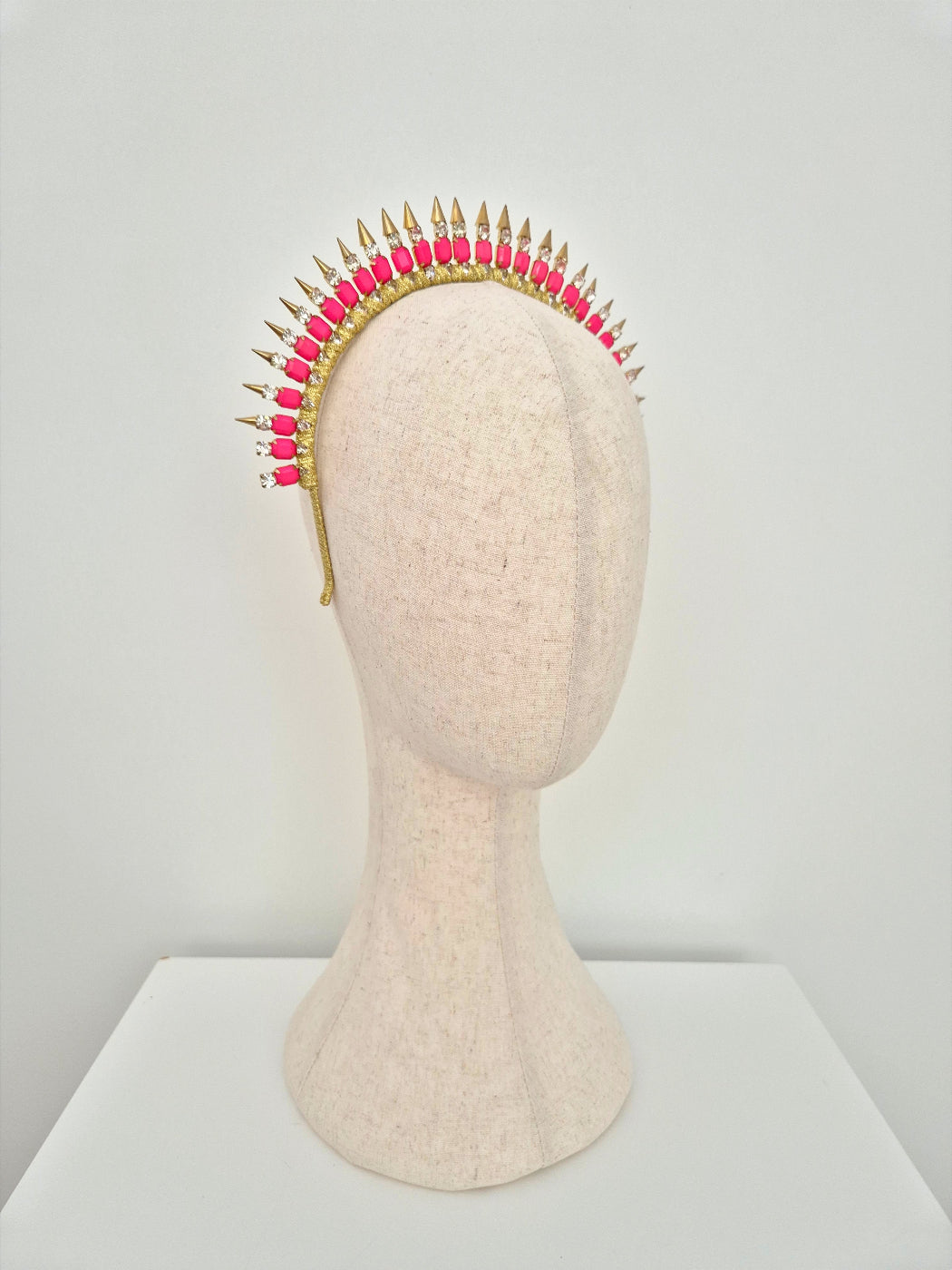 side front hot pink and gold rhinestone crown