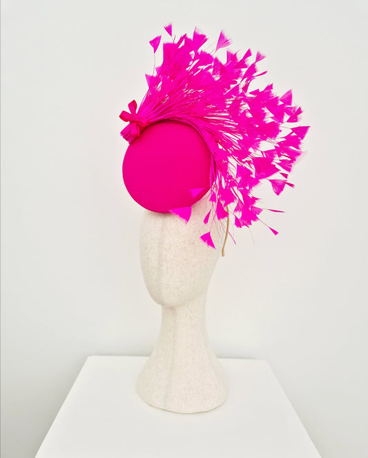 side front hot pink feather percher with feathers