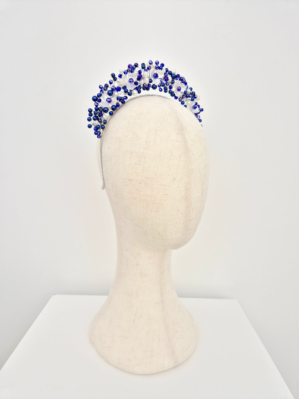 royal blue and white pearl headpiece side front
