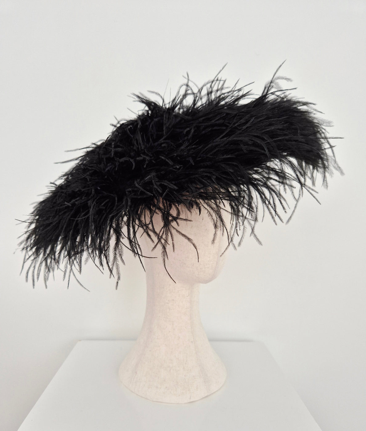 side view 2 black feather hat