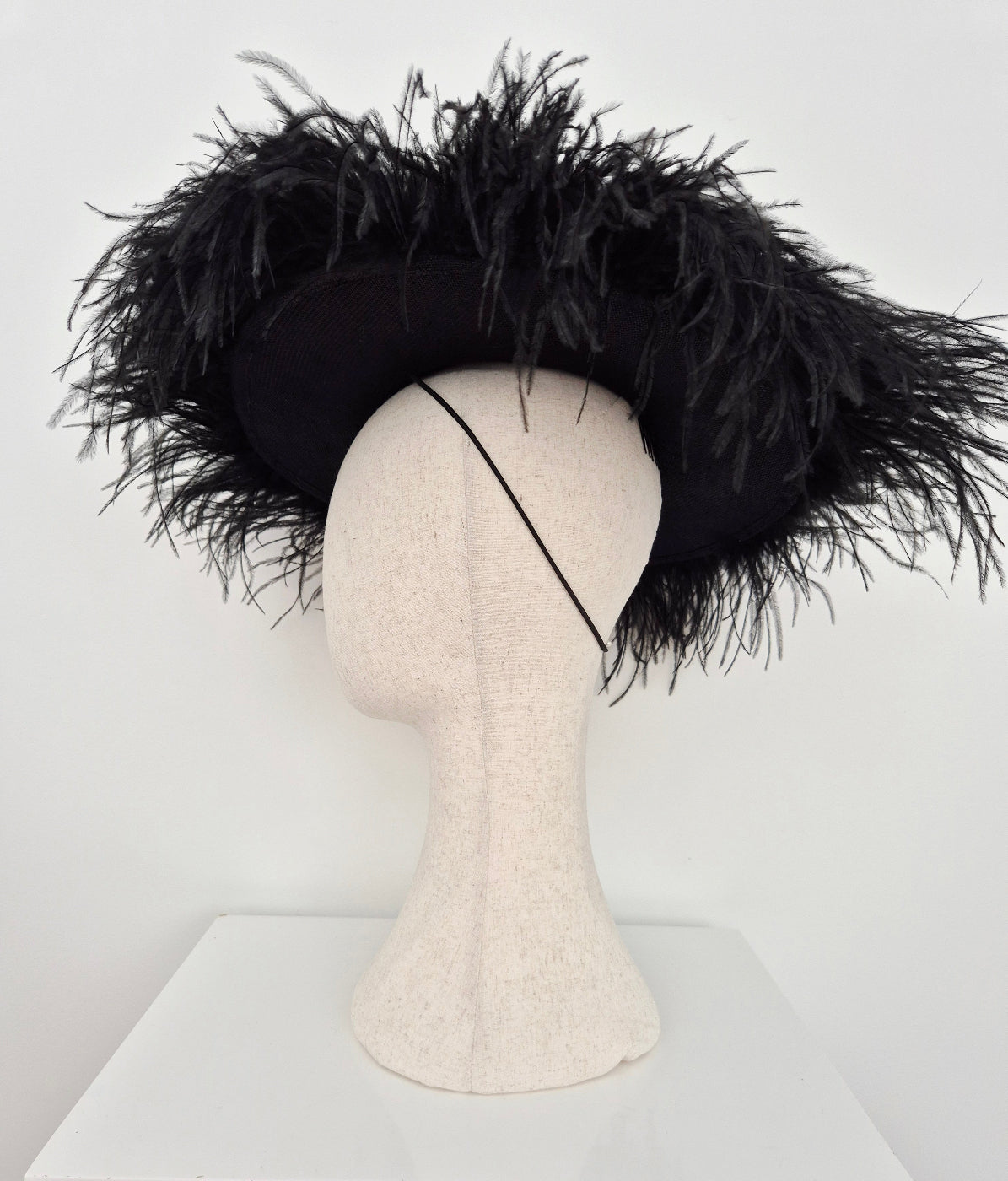 side view black feather hat