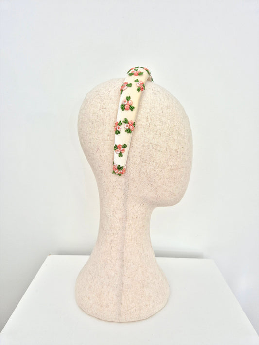 side view ivory velvet headband with pink rosebuds