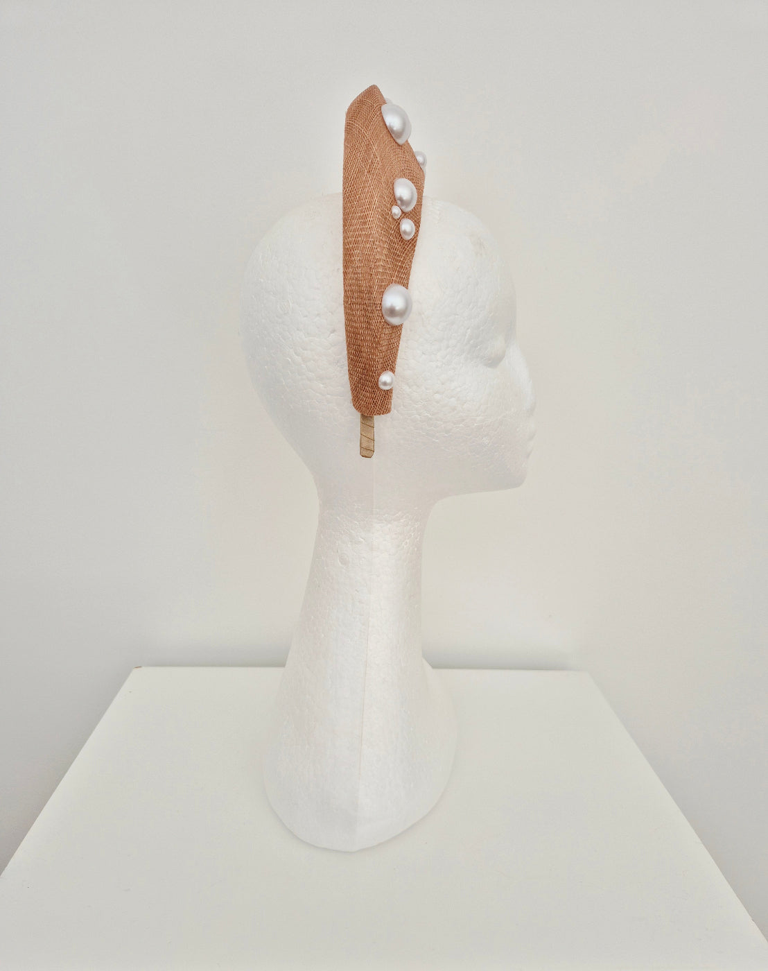 side view latte halo headpiece with pearls