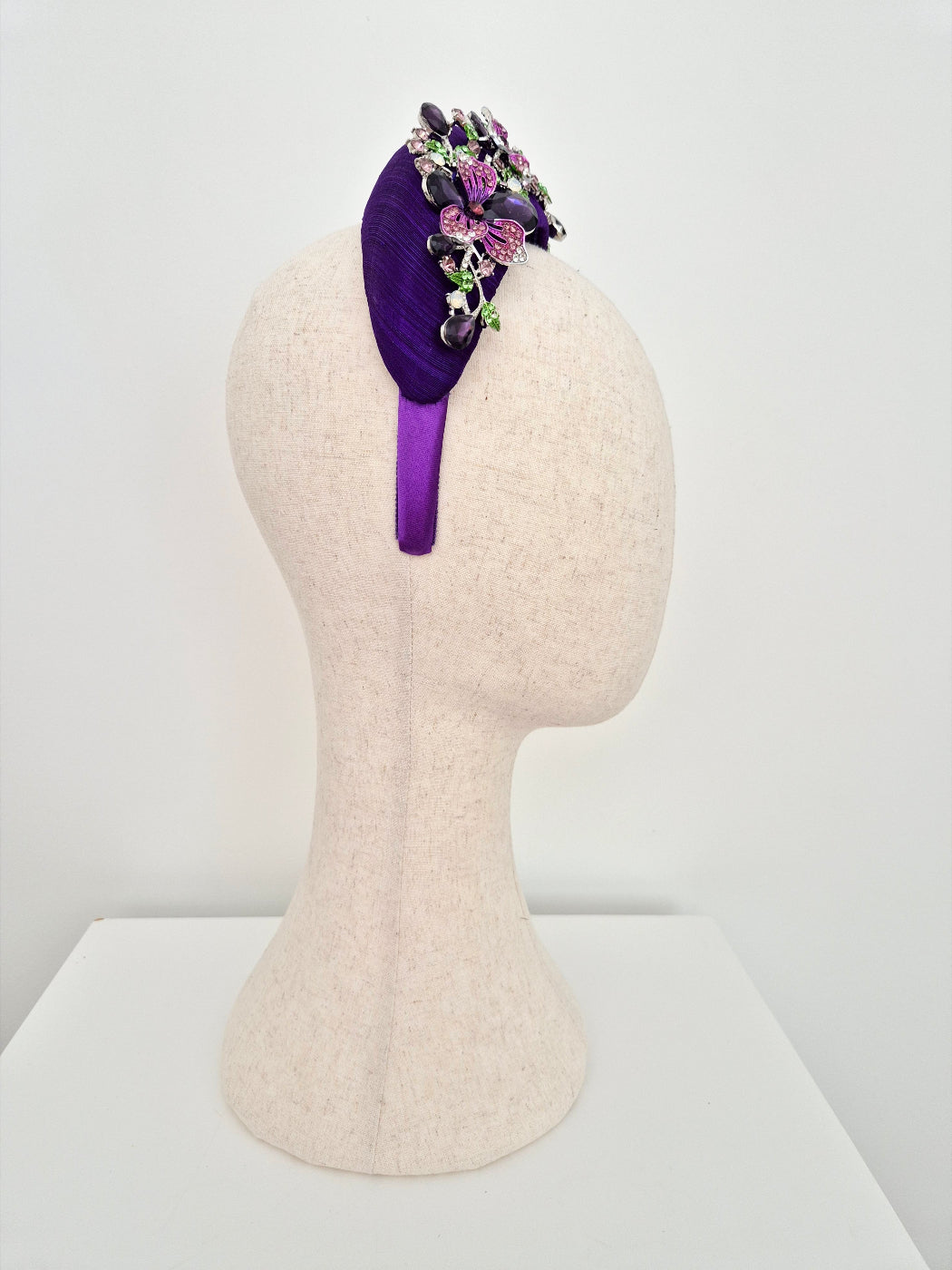 side view purple silk headpiece