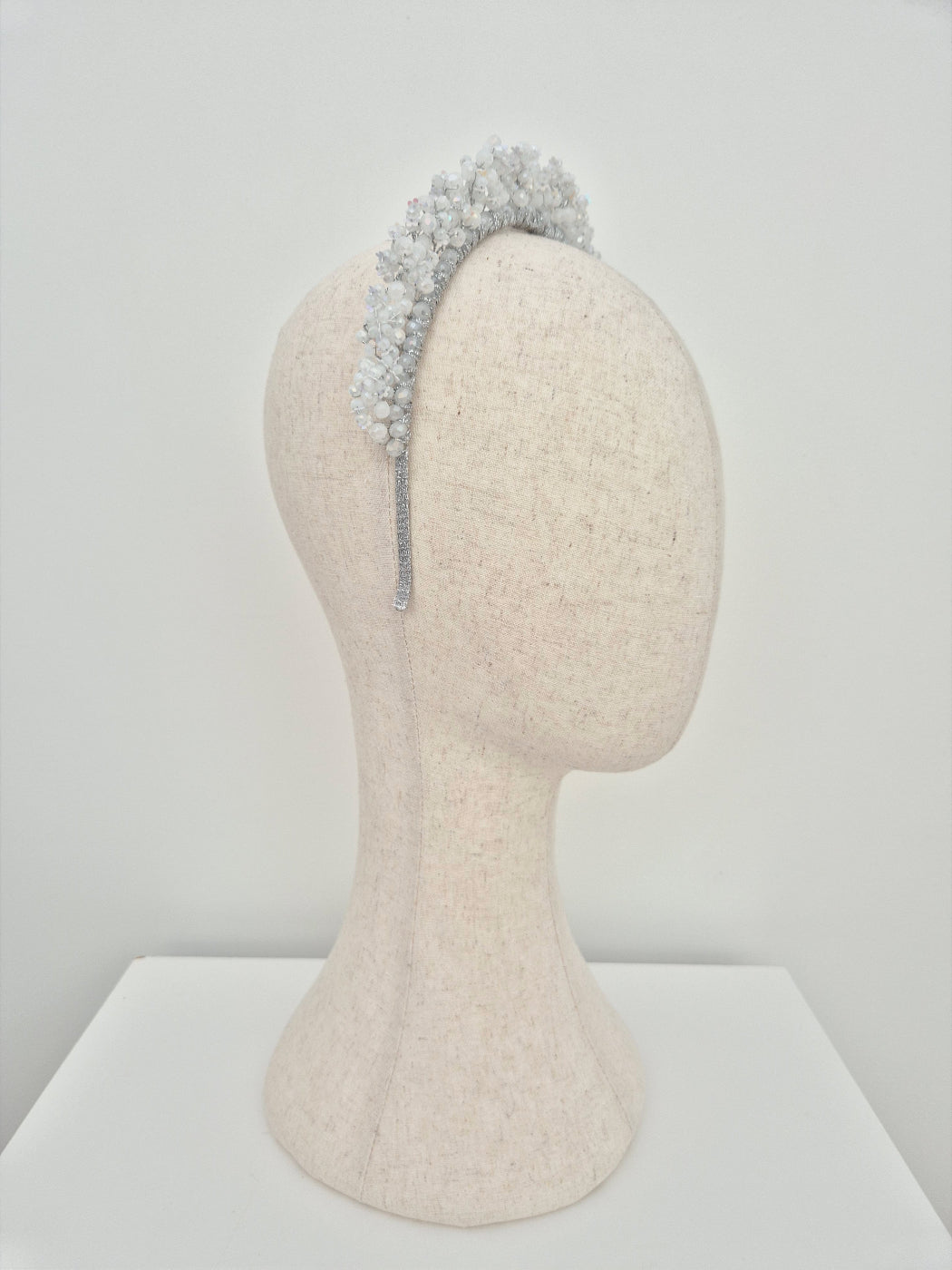 white and silver crystal headband side view