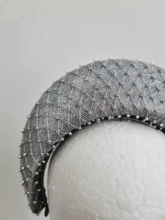 silver straw rhinestone halo headpiece close up