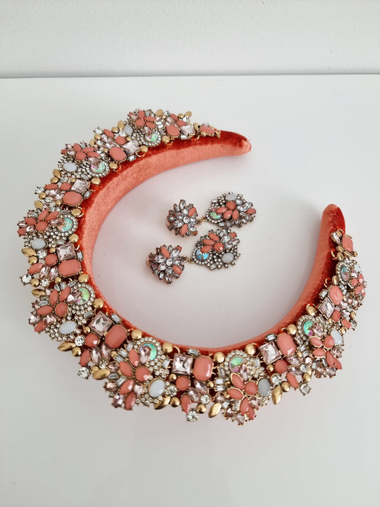 terracotta embellished headband and earing set flat lay