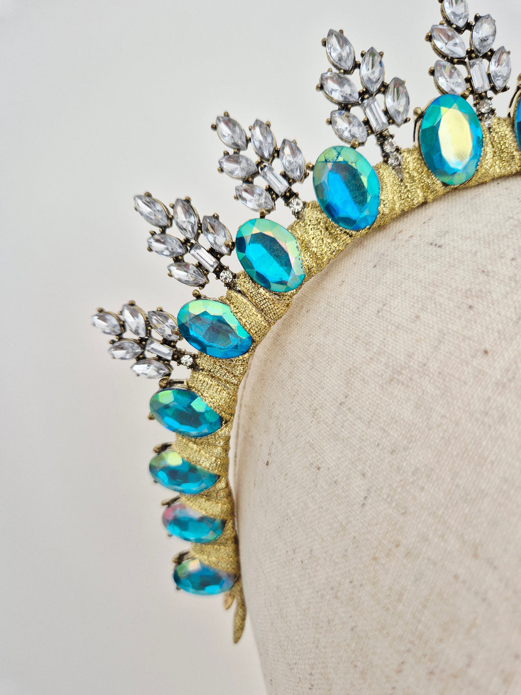 turquoise blue rhinestone crown close up