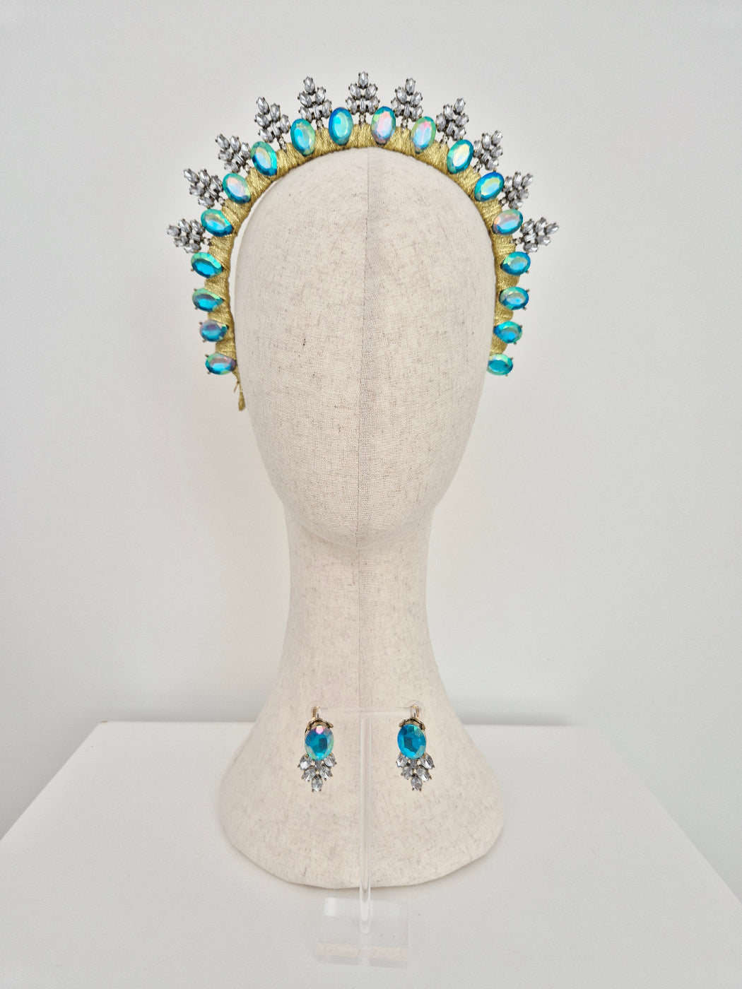 turquoise blue rhinestone crown and earing set
