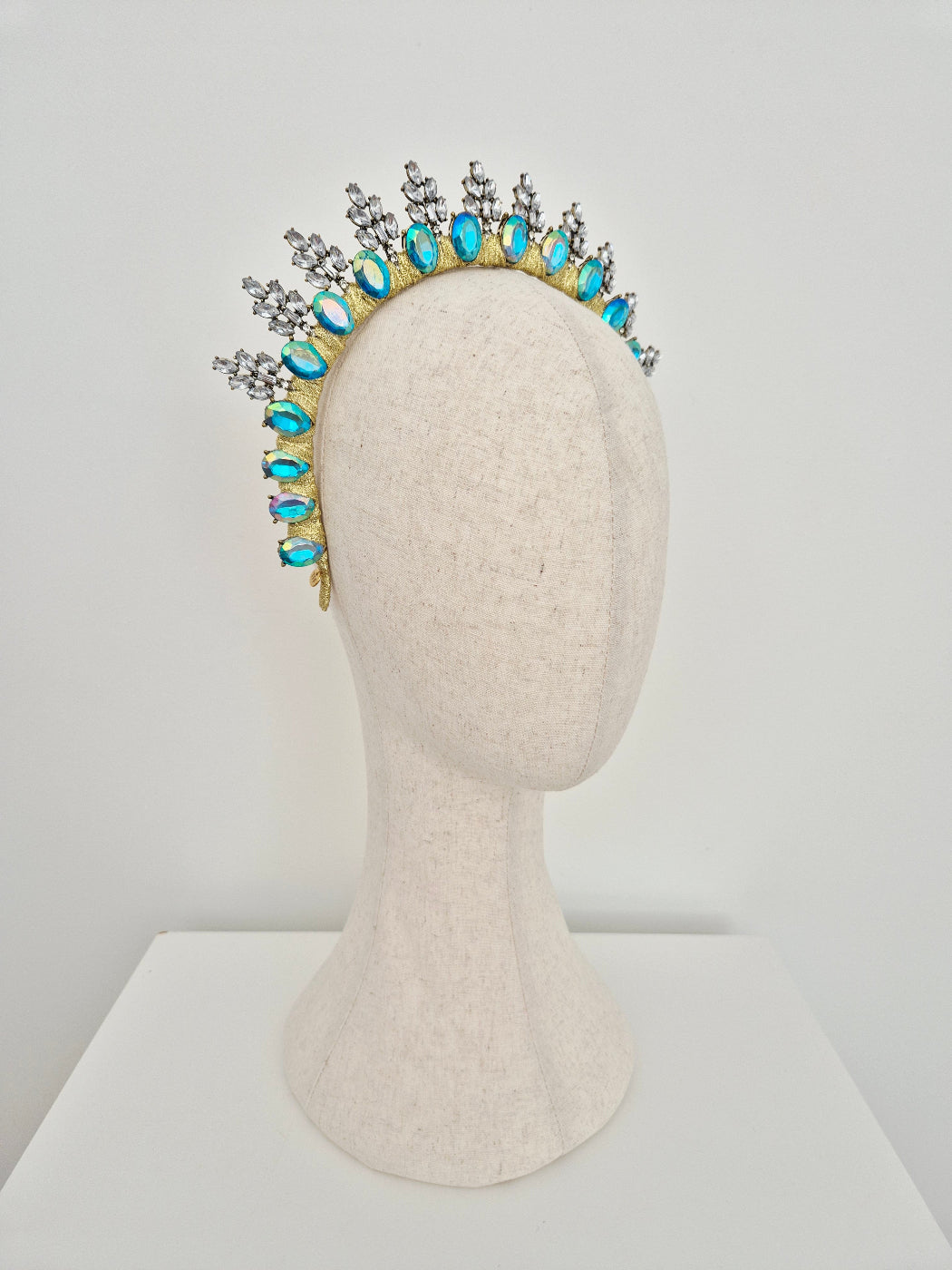 turquoise blue rhinestone crown side view