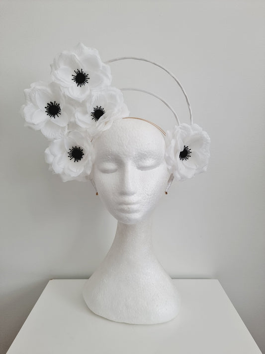 white and black floral double halo headpiece