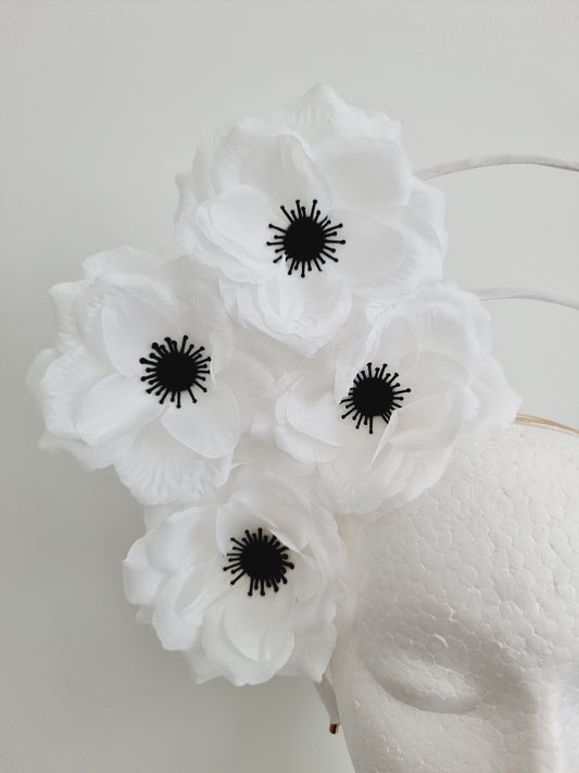 white and black floral double halo headpiece close up