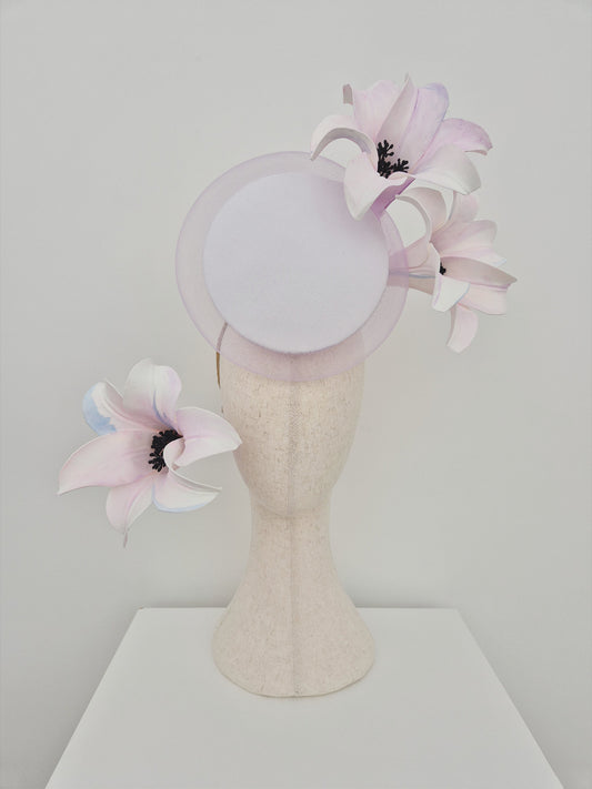 white and lilac floral percher headpiece