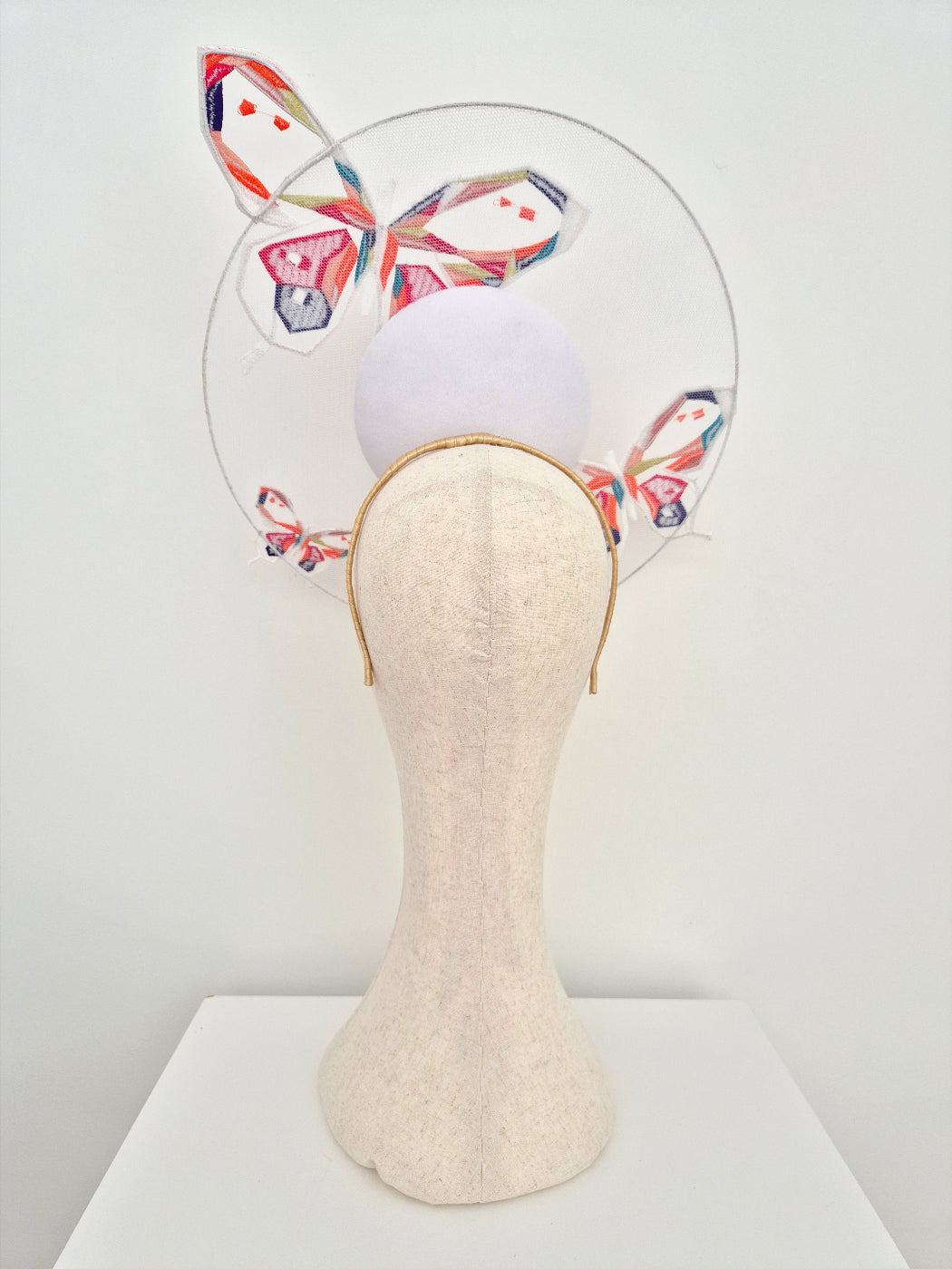 White percher headpiece with butterflies back view