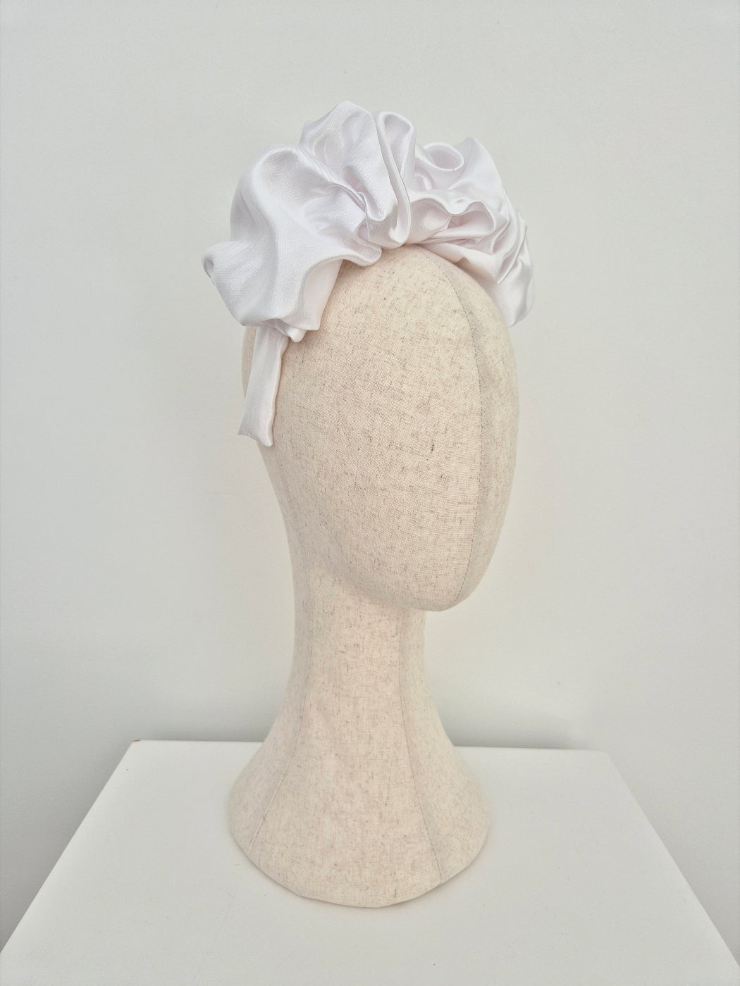 white satin scrunch headband side view