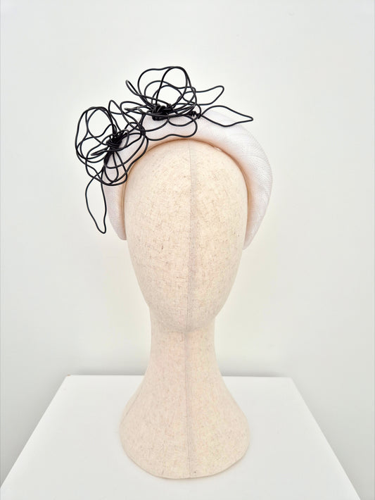 white straw padded headband with black floral wirework