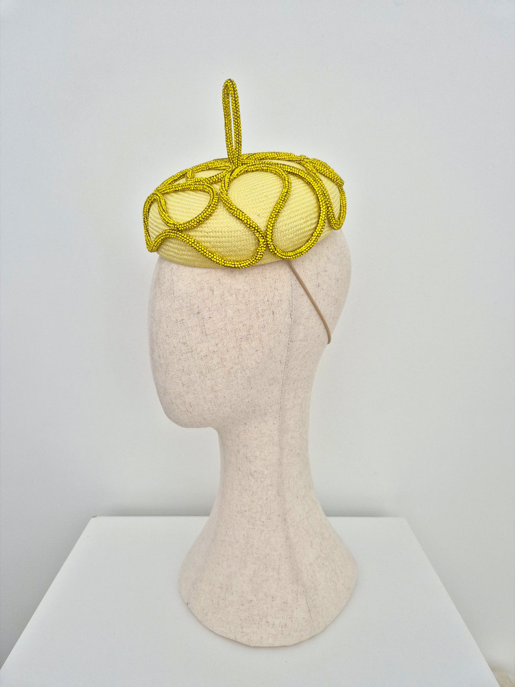yellow button beret with rhinestone trim side view