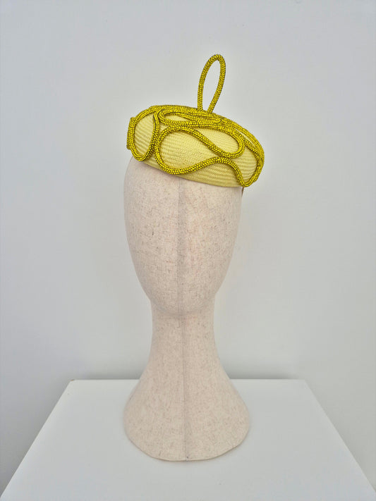 yellow button beret headpiece with rhinestone trim
