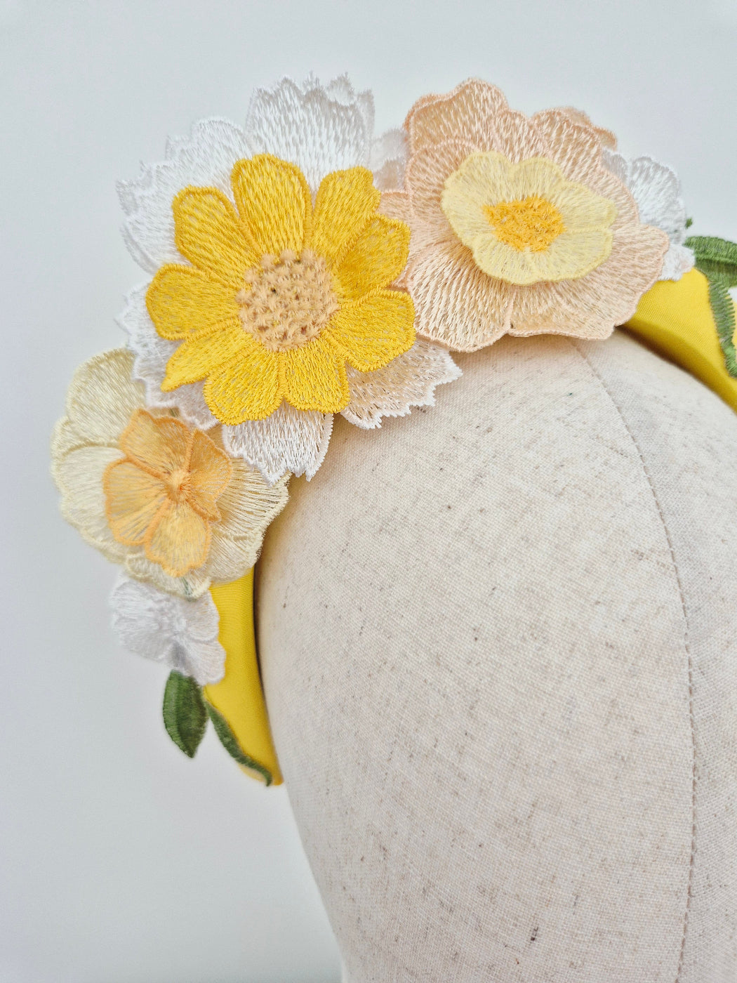 yellow floral lace headband close up