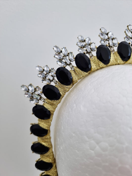 black rhinestone headpiece close up