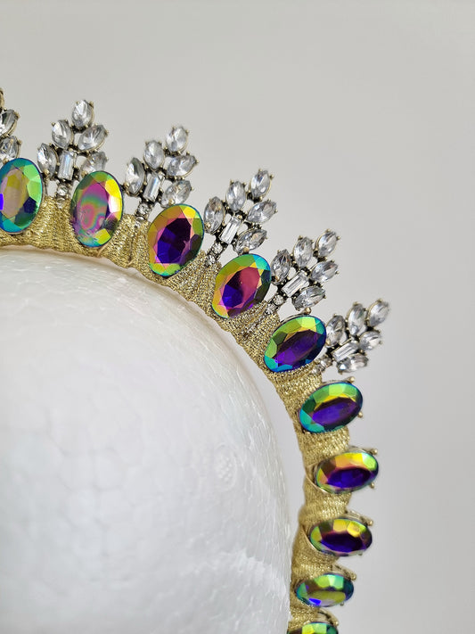 multi coloured ab rhinestone headband close up